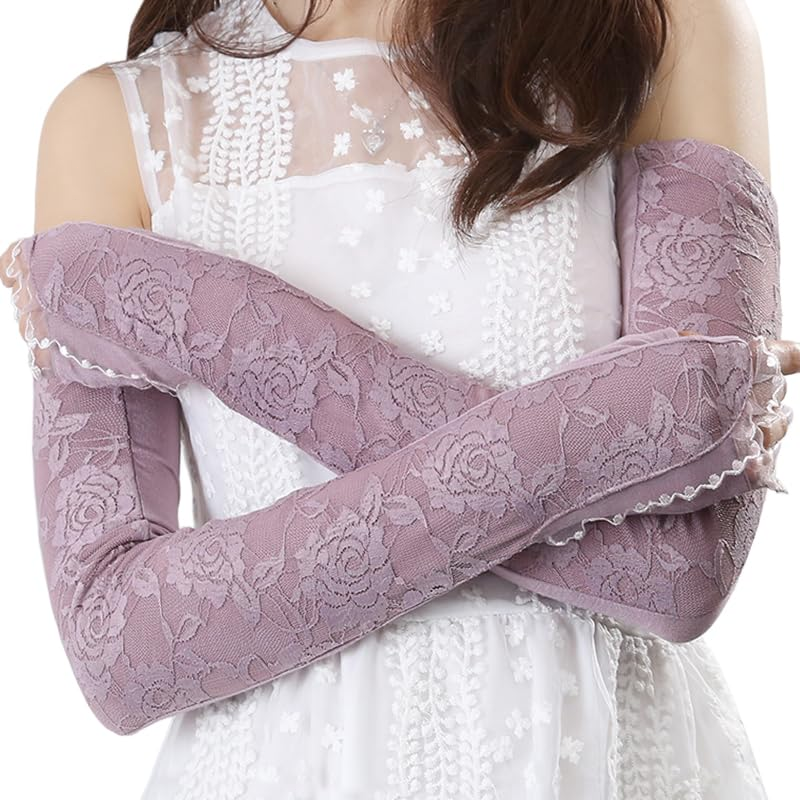 [Smato] アームカバー uvカット レディース レース 可愛い おしゃれ ロング 肩まで 指なし 伸縮 リボン 滑り止め付き 日焼け防止 かわいい 冷房対策 日除け 手袋 2枚1組