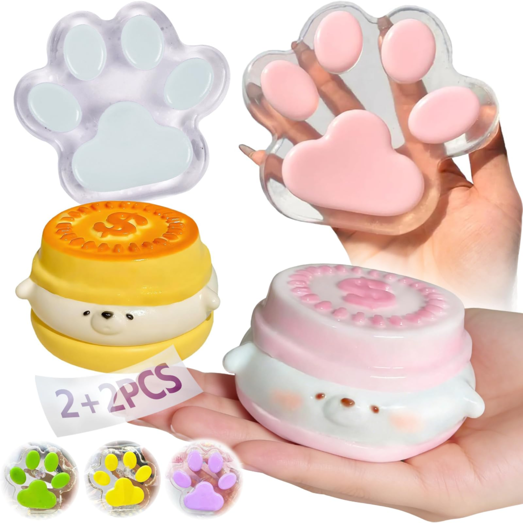 Smato スクイーズケーキおもちゃ 水感 肉球 パン ペタペタスクイーズ 4個 6cm/14cm ペタペタ キット ゆっくり元に戻ります ストレス解消 低反発 肉まん 可愛い レジン 柔らかい 弾性 触感良い 子供 大人兼用 ギフト (バター 犬&ネコの爪 4点)