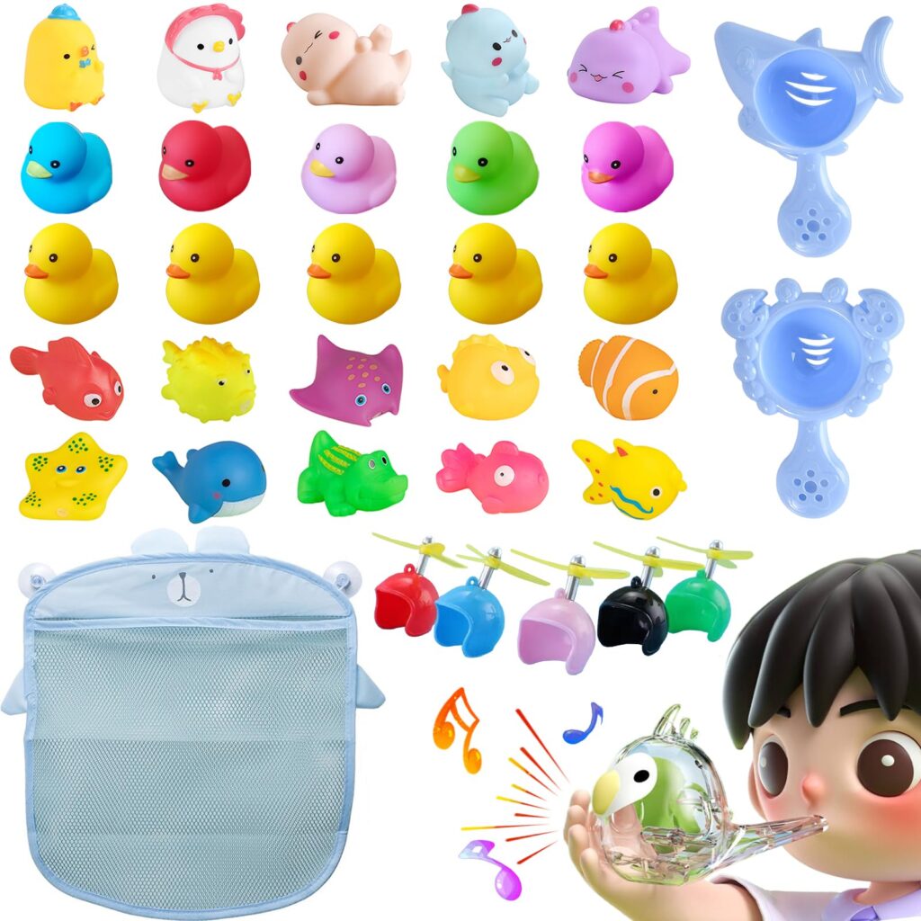 お風呂 おもちゃ アヒルちゃん 浴室おもちゃ 【34点セット】 水遊び プールおもちゃ メッシュバッグ 音が出る カラフル 可愛い シャワー プール 収納ネット付 男の子 女の子 誕生日 クリスマス プレセント ギフト