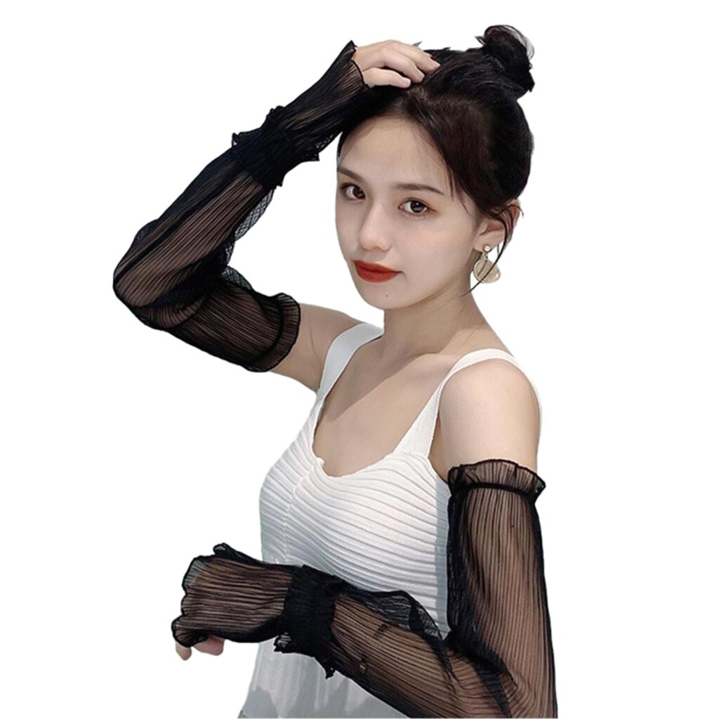 アームカバー レディース プリーツ フリル おしゃれ UV対策 シースルー アームスリーブ アームウォーマー かわいい 可愛い 指なし スマホ操作可能 アウトドア ロング丈 無地 腕カバー 日焼け防止 冷房対策 2枚1組