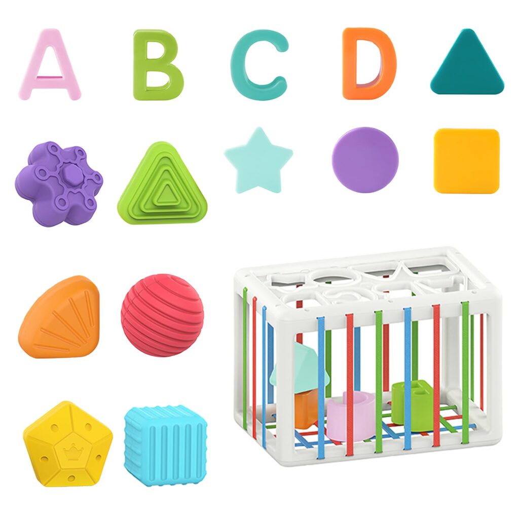 モンテッソーリ 玩具 (本体+14個 ブロック) 赤ちゃんおもちゃ イニービン 指先知育 お風呂 おもちゃ 知育玩具 形合わせ 図形認知 色認識 脳トレ カラフル 誕生日 クリスマス 出産祝い