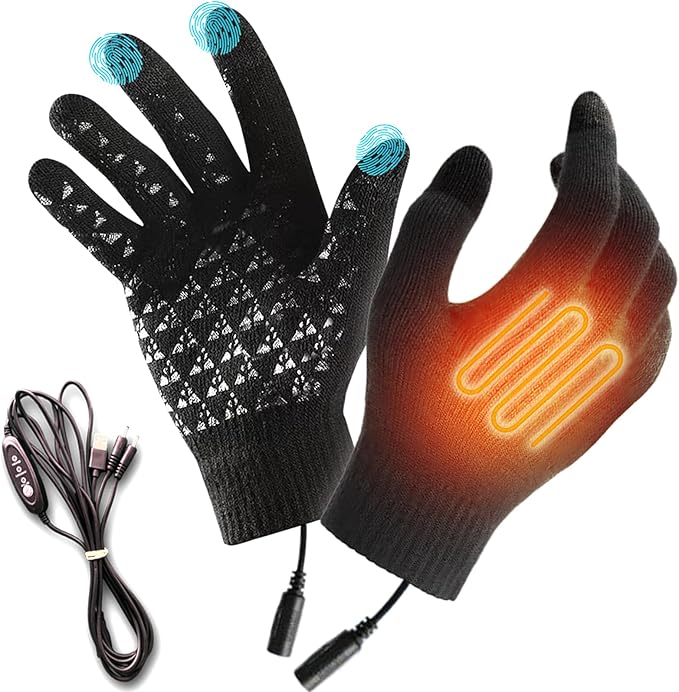 [Smato] 電熱グローブ 電気手袋 バイク用 ニット編み 薄手 USB給電式 裏起毛 ヒート 3段階温度調節 ヒーター 恒温 スマホ対応 滑り止め 速暖 二重構造 冬 防寒 メンズ レディース