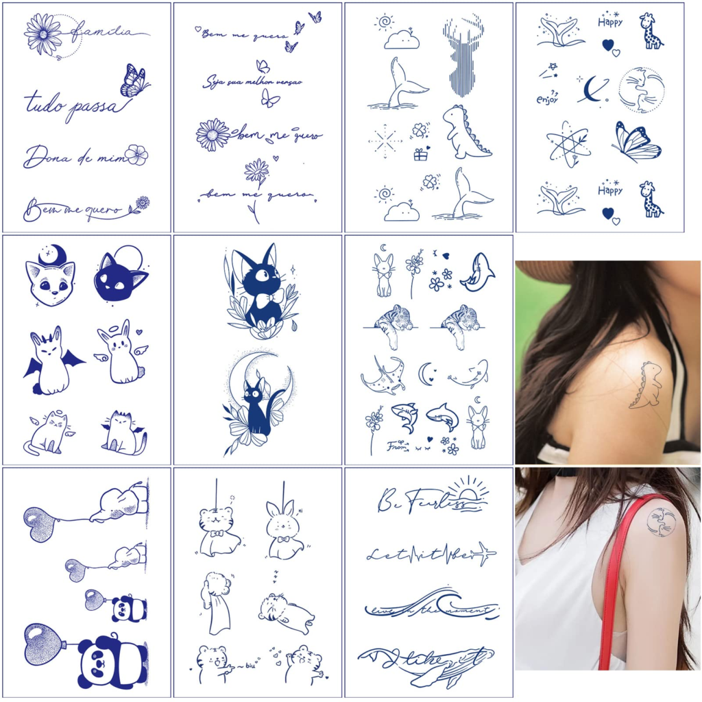 タトゥーシール 10枚セット 果汁入り インクボックス ジャグアタトゥー ヘナタトゥー 2週間 消えない ティントタトゥー 文字 英語 動物 蝶々 星 長持ち 防水 韓国 おしゃれ たとぅーしーる(果汁A 11*18cm)