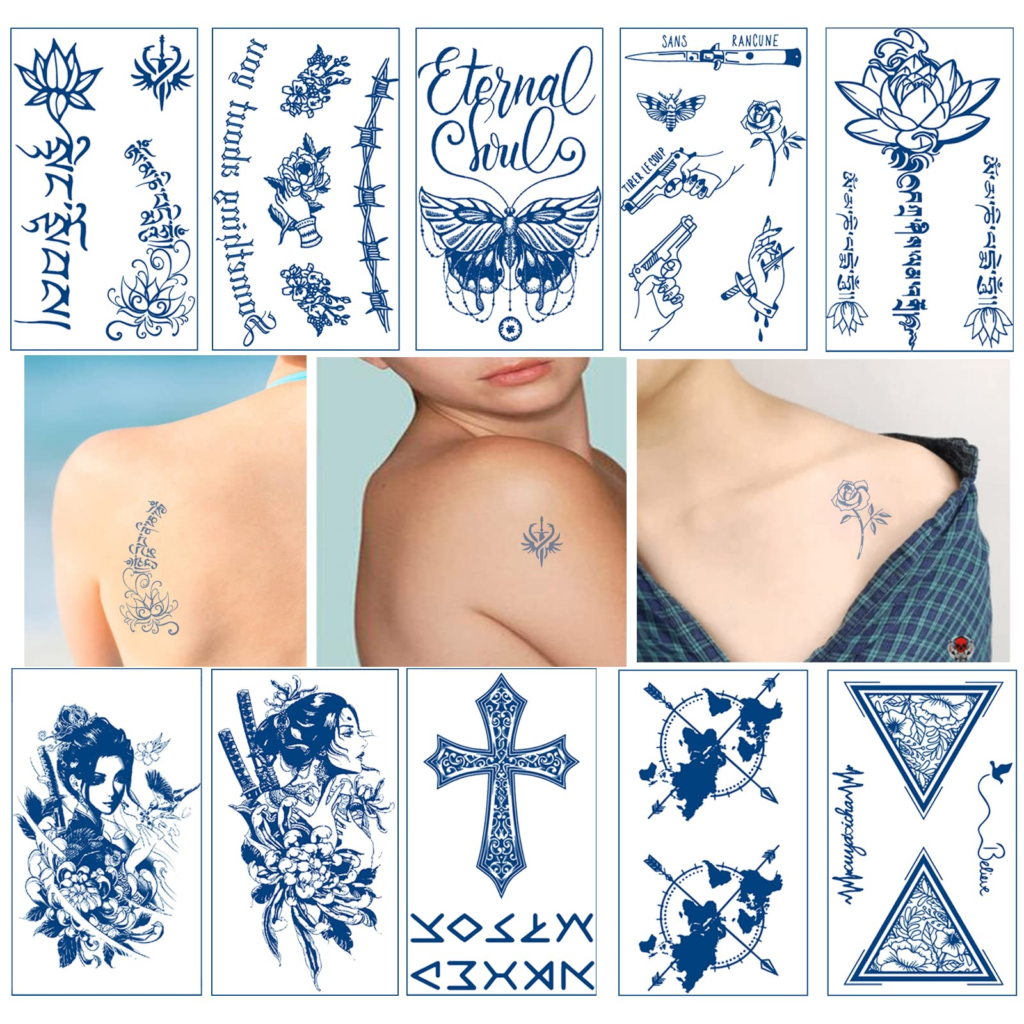 タトゥーシール 10枚セット 果汁入り インクボックス ジャグアタトゥー ヘナタトゥー 2週間 消えない ティントタトゥー 薔薇 蝶 長持ち 防水 韓国 おしゃれ たとぅーしーる (果汁C 11*18cm)