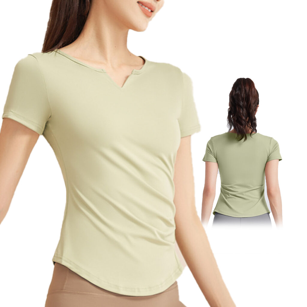 [Smato] スポーツ用Vネック半袖Tシャツ, サイドギャザー付き, ストレッチ素材, ブルー, ヨガ・フィットネス・ランニング用