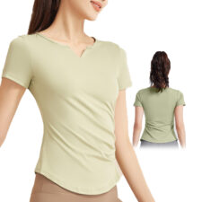 [Smato] スポーツ用Vネック半袖Tシャツ, サイドギャザー付き, ストレッチ素材, ブルー, ヨガ・フィットネス・ランニング用